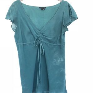 Theory Silk Teal Blouse with Split Cap Sleeves